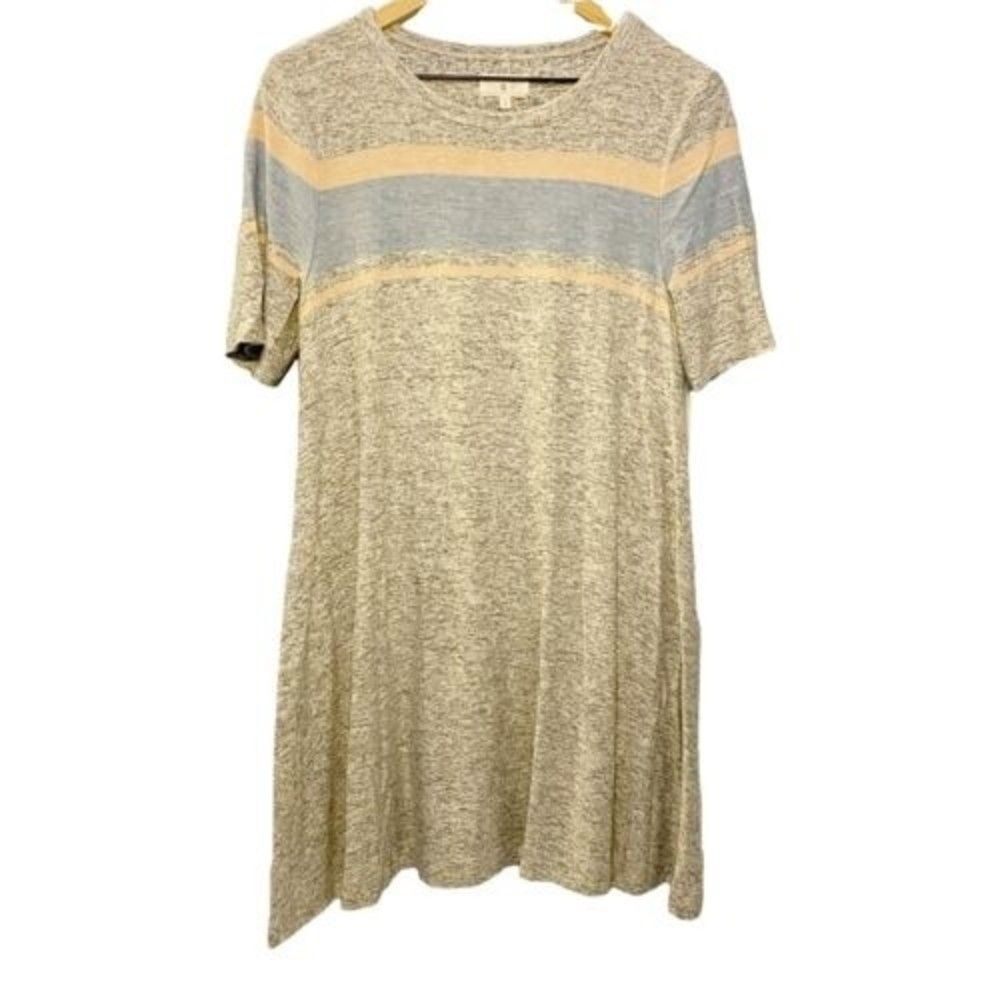 Lou & Grey Short Sleeve Dress Womens Small Heathered Gray W Blue Stripe Jersey